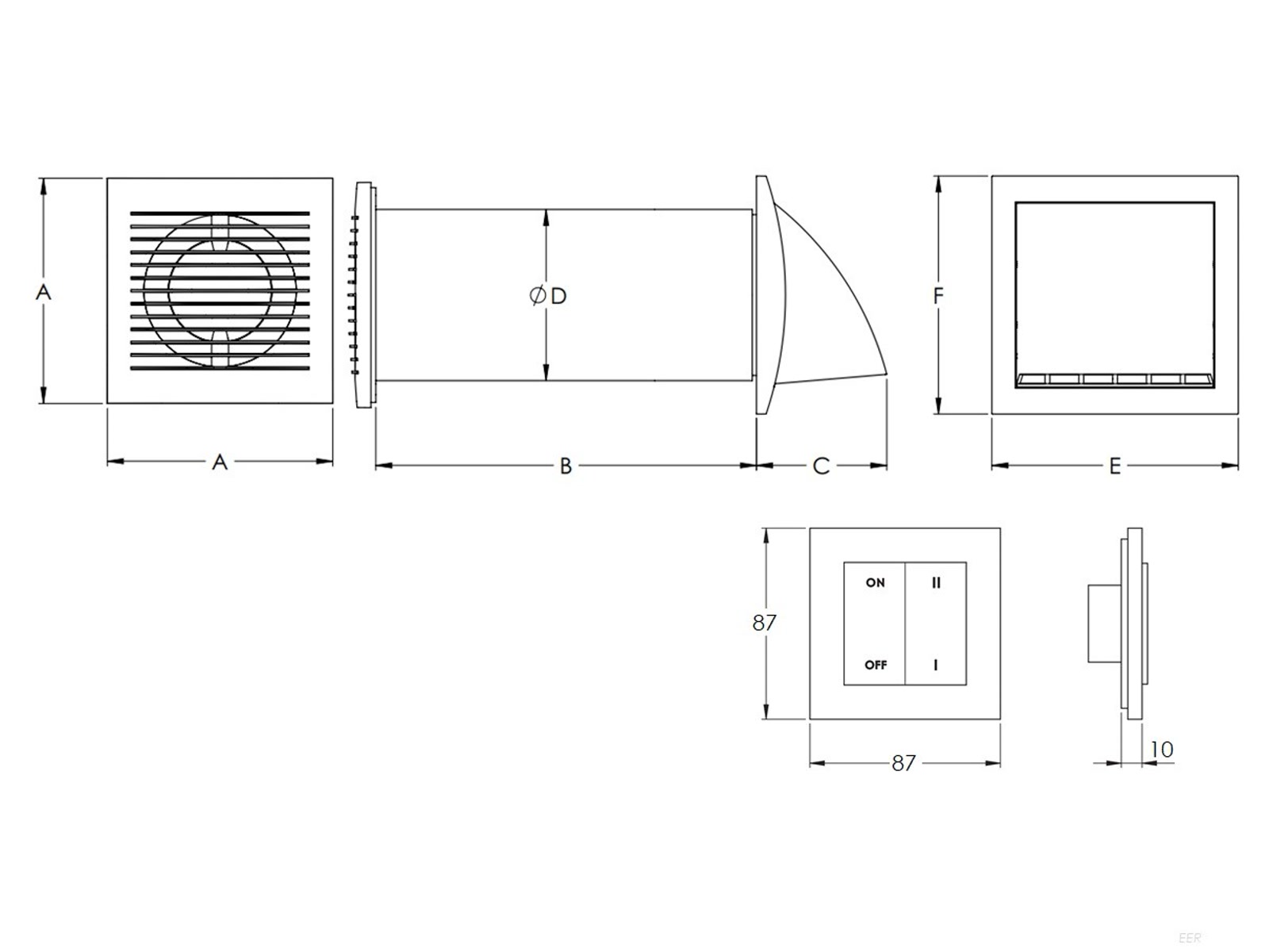 Manufacturer dimension drawing of the EER150 recuperator, showing front and side views and the wall switch.
