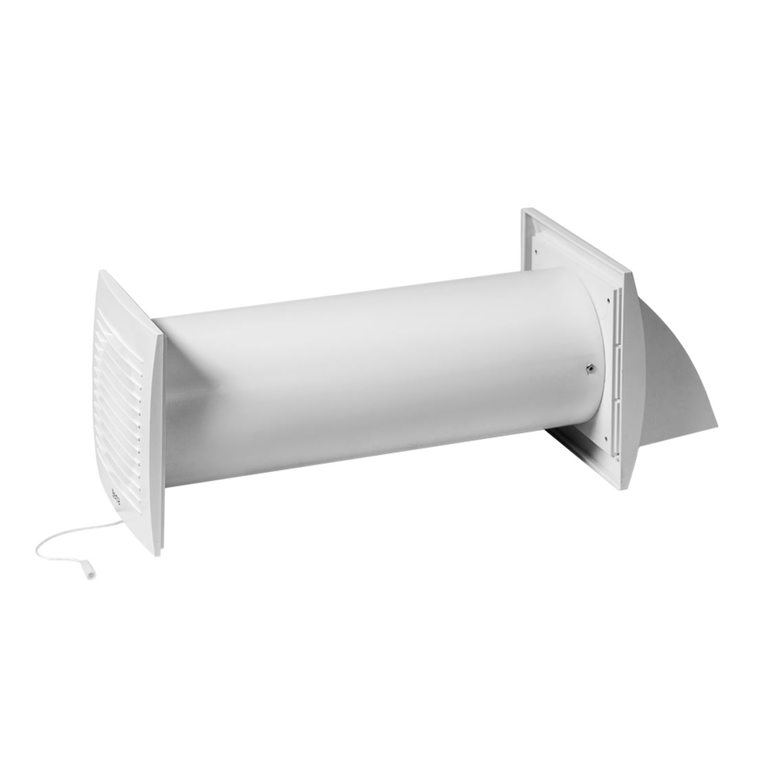 The Europlast EER150WP recuperator, a heat recovery unit: indoor grille, telescopic duct body and weatherproof outdoor cap.