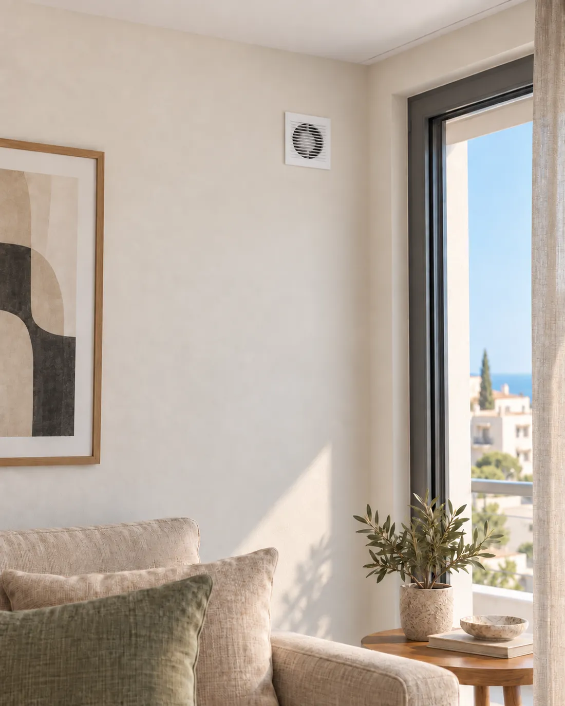 The indoor grille of a recuperator on a living room wall, beside a balcony door.