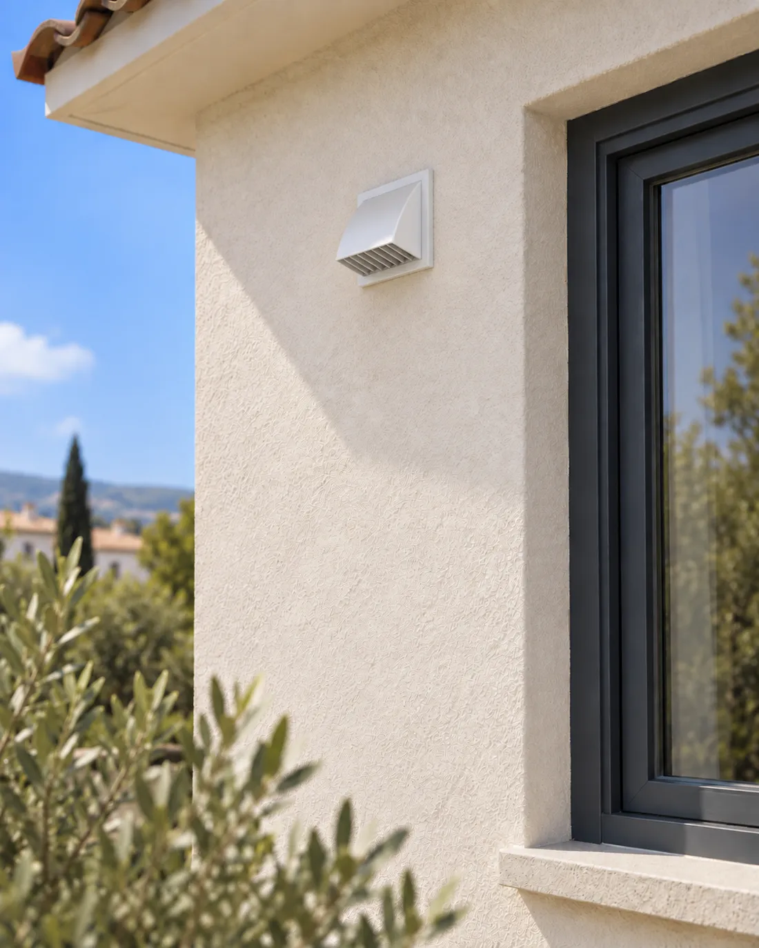 The weatherproof outdoor cap of a recuperator on a rendered external wall.